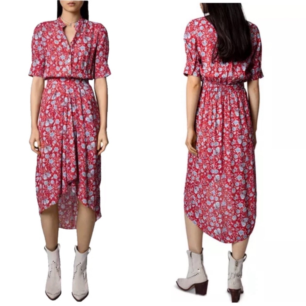 Zadig & Voltaire Rima Floral Skull Print High Low Dress S/M Party Midi